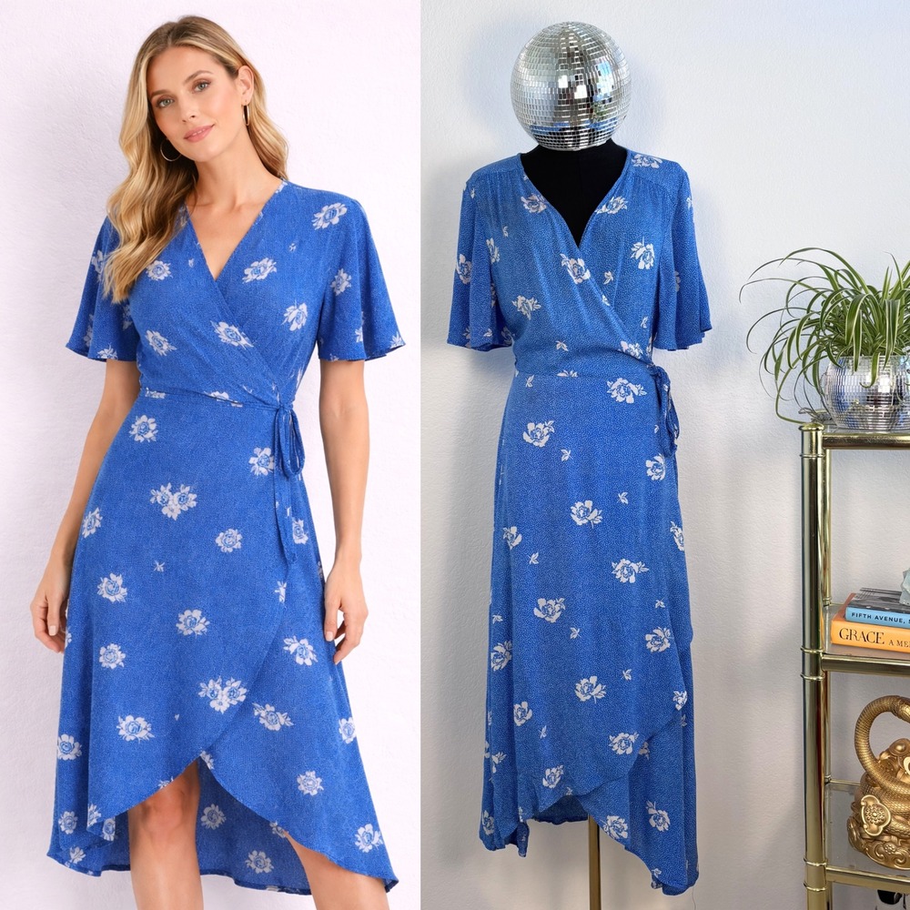 Bobeau LA Blue Floral Wrap Dress, Size Large Flutter Sleeve Midi Garden Party